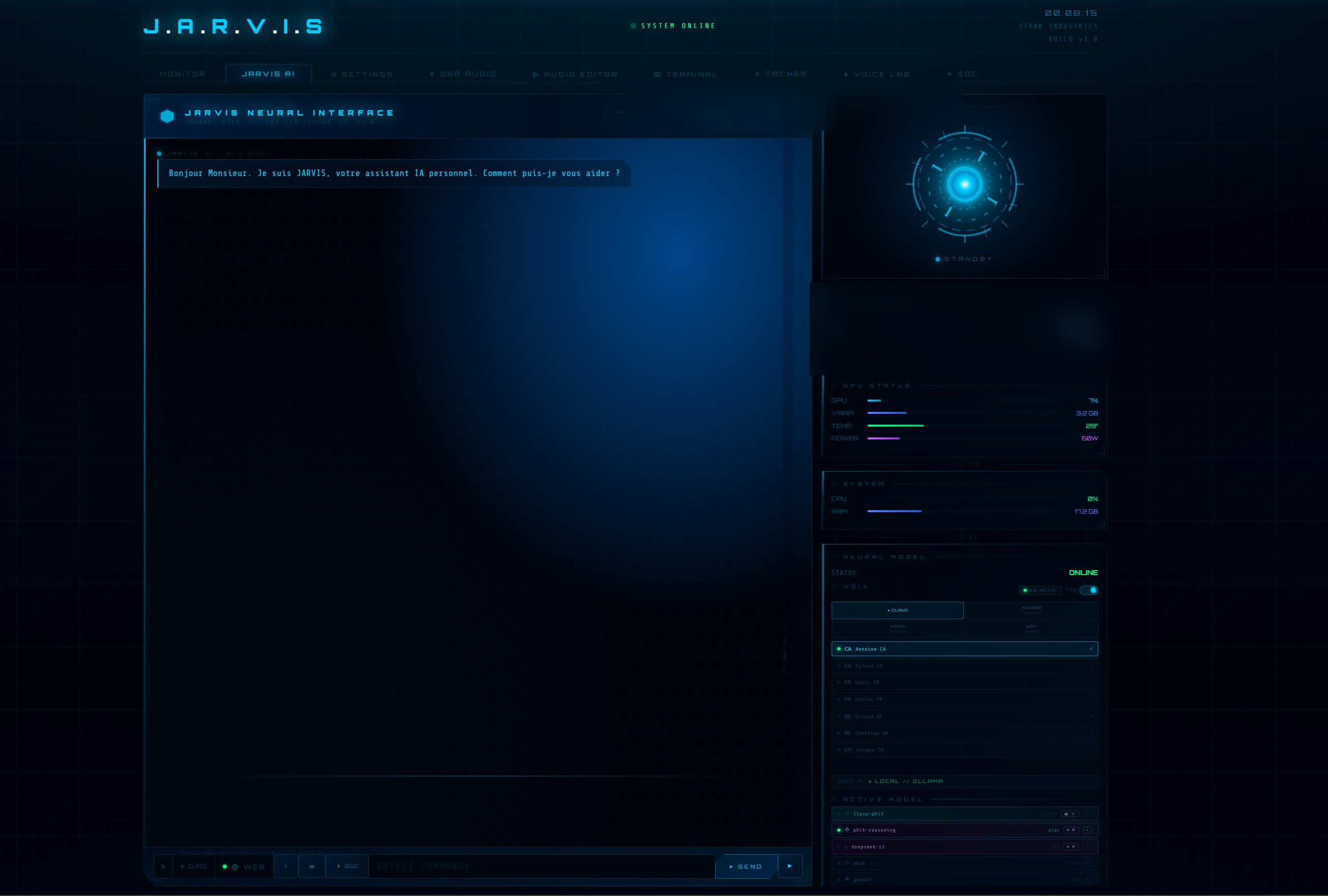 Interface neurale de JARVIS — réacteur arc holographique