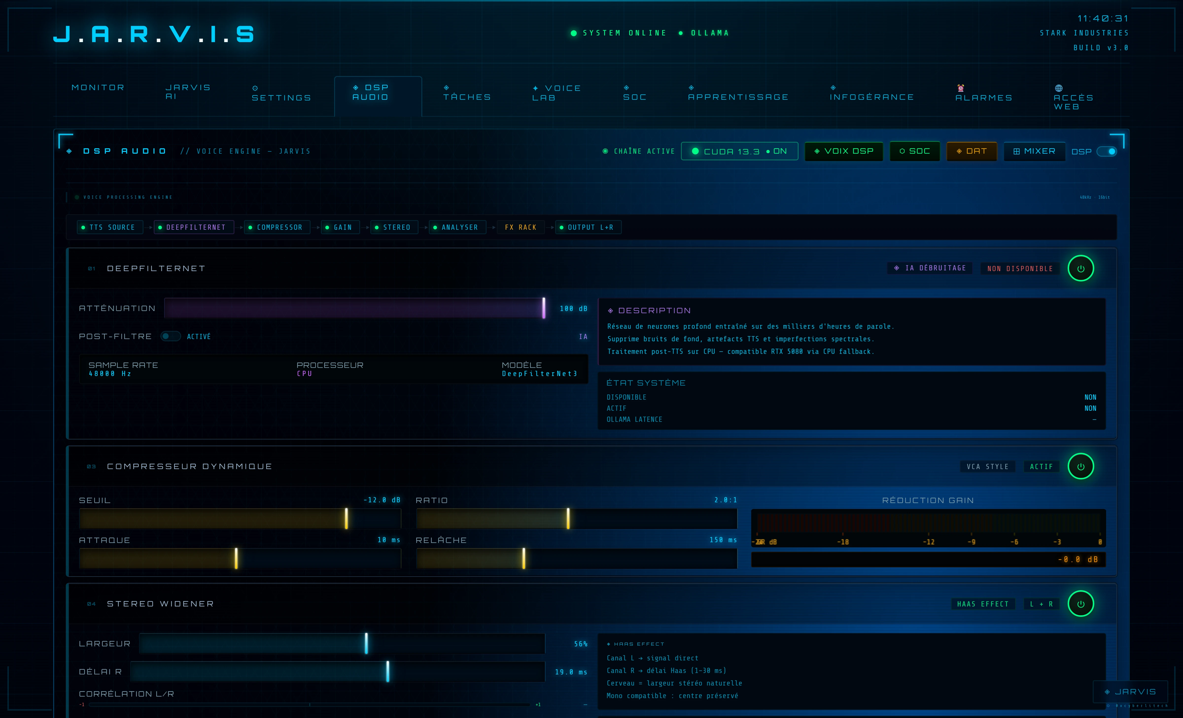 DSP Audio JARVIS — DeepFilterNet, compresseur, EQ paramétrique, analyseur spectral, Voice Print