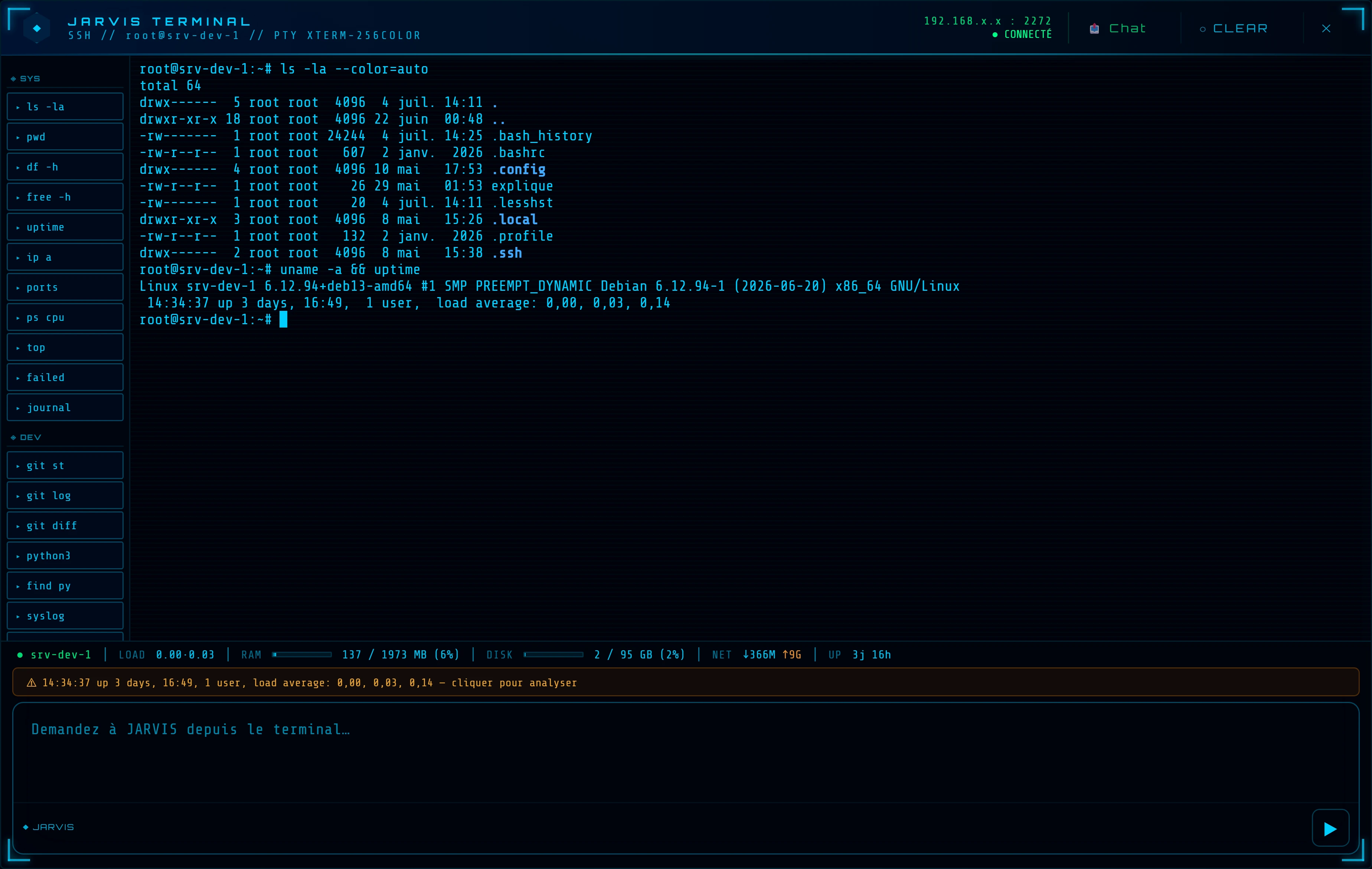 Terminal SSH intégré JARVIS — PTY xterm-256color, raccourcis, HUD ressources