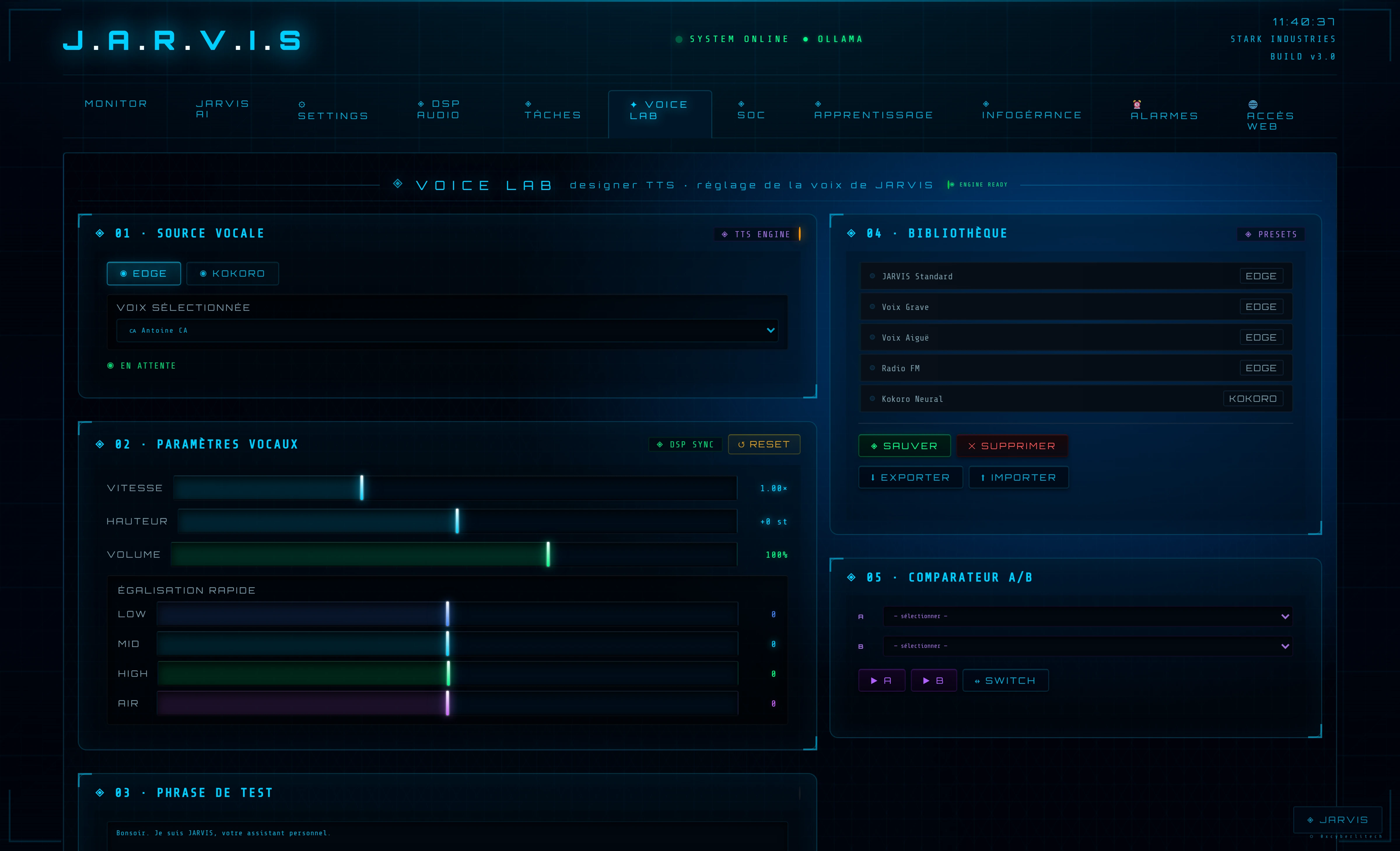 Voice Lab JARVIS — designer TTS, comparateur A/B, bibliothèque de voix